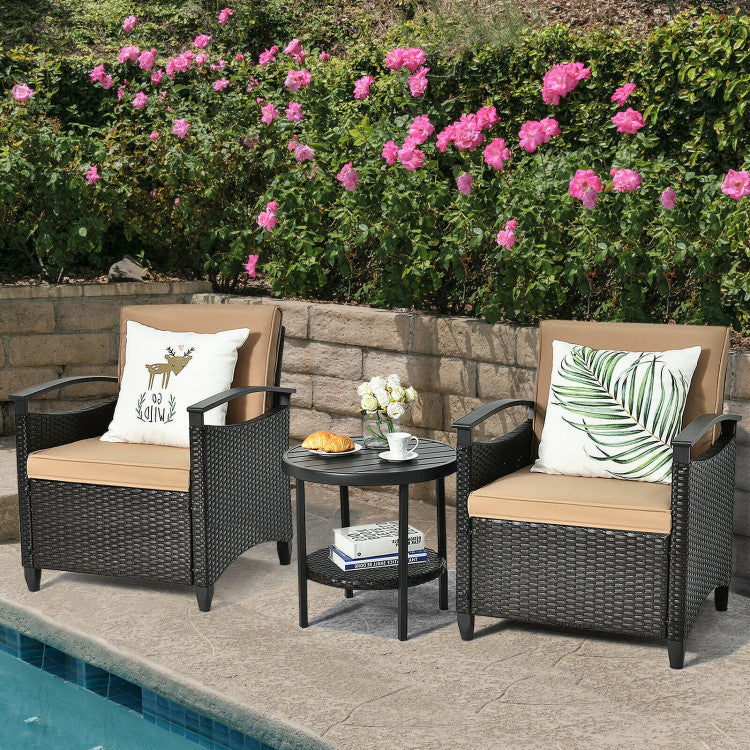 3-Piece Patio Rattan Furniture Set Cushioned