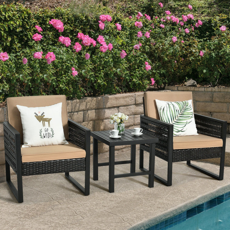 3-Piece Patio Rattan Bistro Cushioned Furniture Set