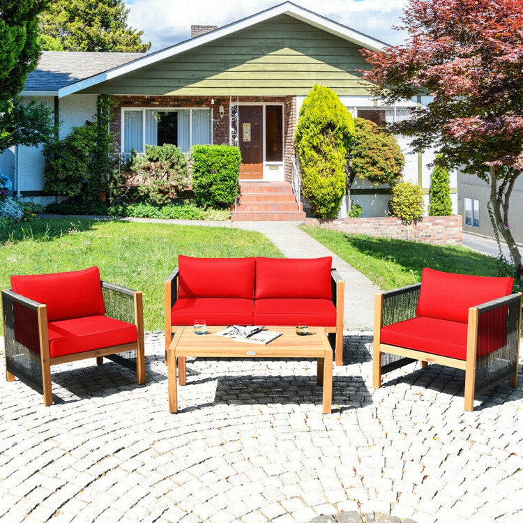 4-Piece Acacia Wood Sofa Set with Cushions for Outdoor Patio