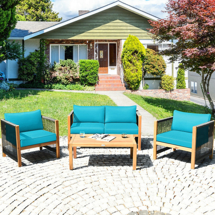 4-Piece Acacia Wood Sofa Set with Cushions for Outdoor Patio