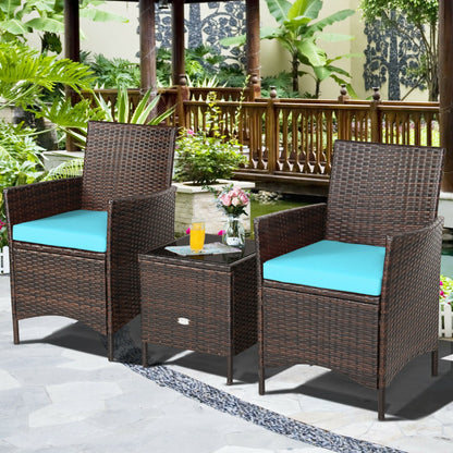 3-Piece Patio Rattan Furniture Set Cushioned Sofa and Glass Tabletop