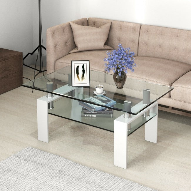 Rectangle Glass Coffee Table with Metal Legs for Living Room