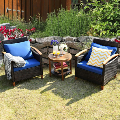 3-Piece Patio Rattan Furniture Set with Washable Cushion and Acacia Wood Tabletop