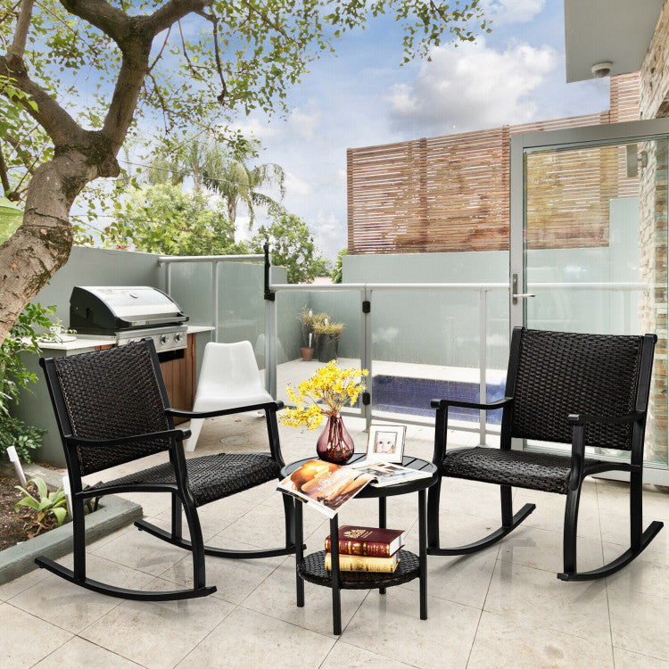 3-Piece Patio Rattan Furniture Set with Coffee Table and Rocking Chairs