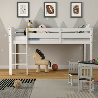 Wooden Twin Low Loft Bunk Bed with Guard Rail and Ladder