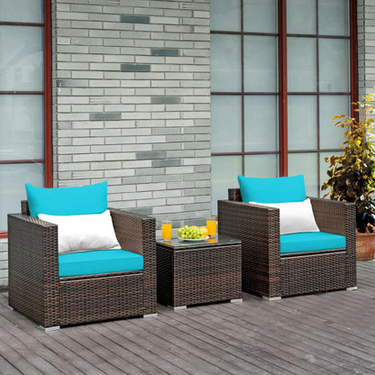 3-Piece Patio Conversation Rattan Furniture Set with Cushion