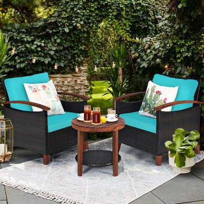 3-Piece Patio Rattan Furniture Set with Washable Cushion and Acacia Wood Tabletop