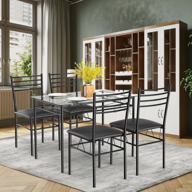5 Pieces Dining Set with Tempered Glass Top Table and 4 Upholstered Chairs
