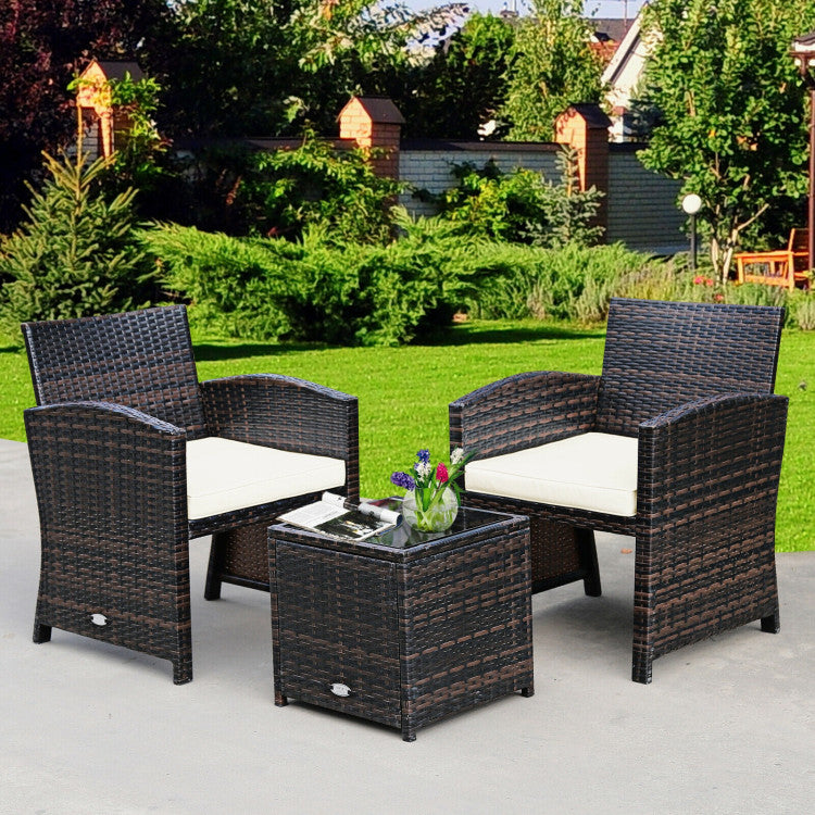 3-Piece PE Rattan Wicker Furniture Set with Cushion Sofa and Coffee Table