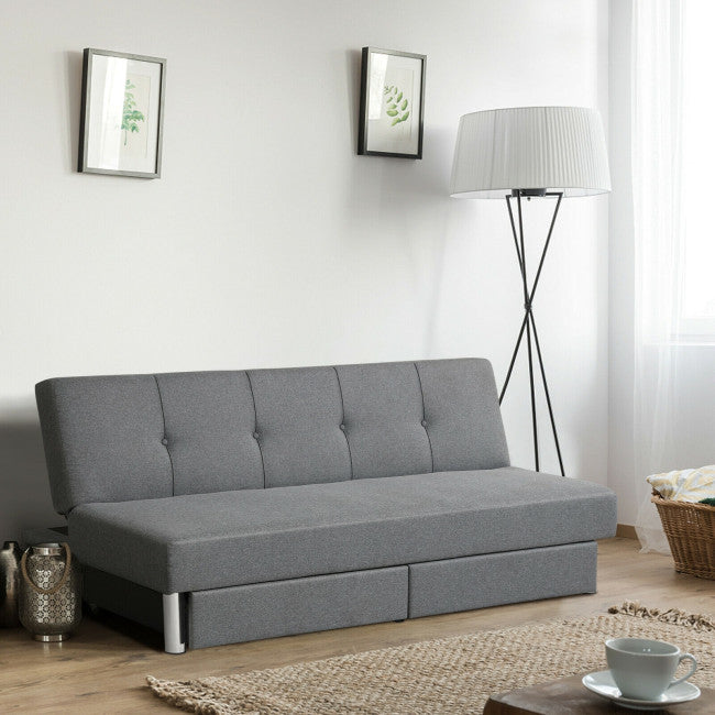 Convertible Futon Sofa Bed Adjustable Couch Sleeper with Two Drawers Grey