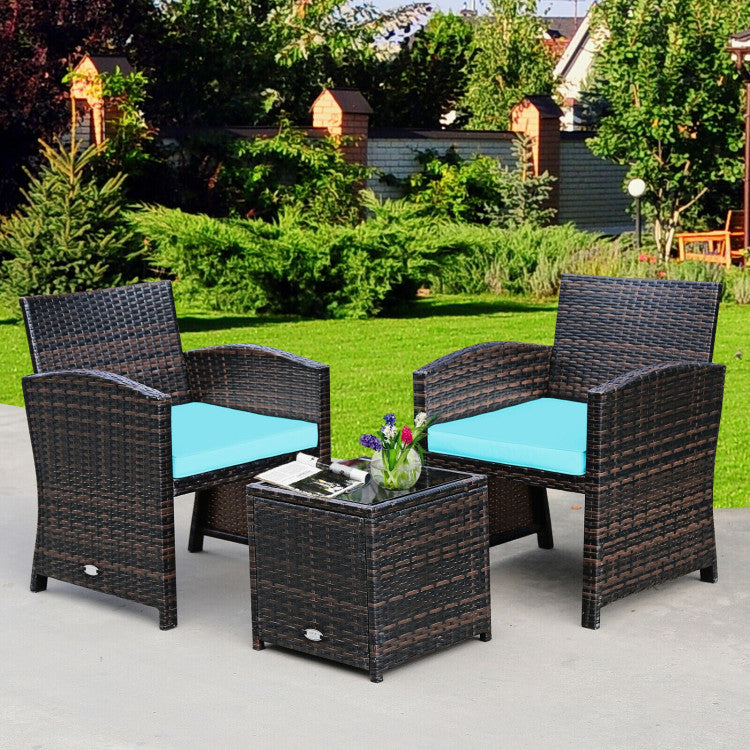 3-Piece PE Rattan Wicker Furniture Set with Cushion Sofa and Coffee Table