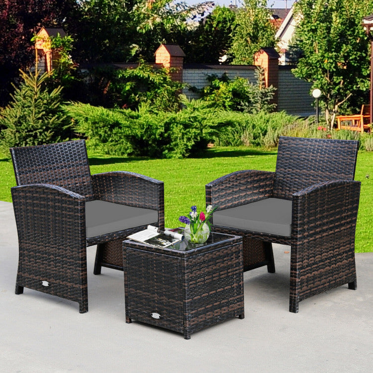 3-Piece PE Rattan Wicker Furniture Set with Cushion Sofa and Coffee Table