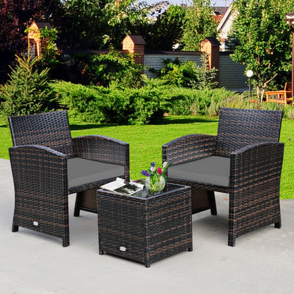 3-Piece PE Rattan Wicker Furniture Set with Cushion Sofa and Coffee Table