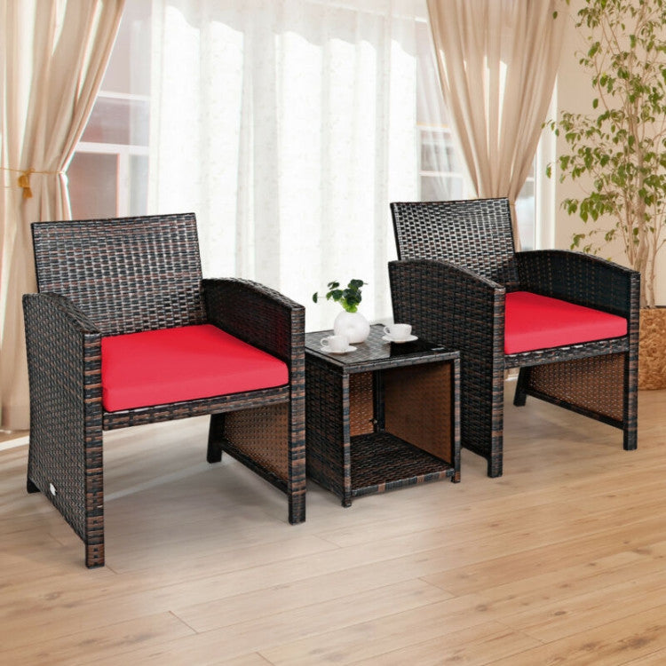 3-Piece PE Rattan Wicker Furniture Set with Cushion Sofa and Coffee Table