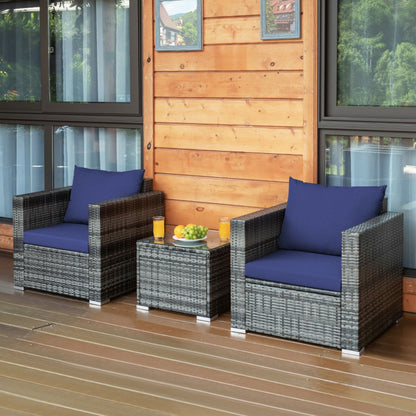 3-Piece Patio Rattan Furniture Bistro Sofa Set with Cushioned