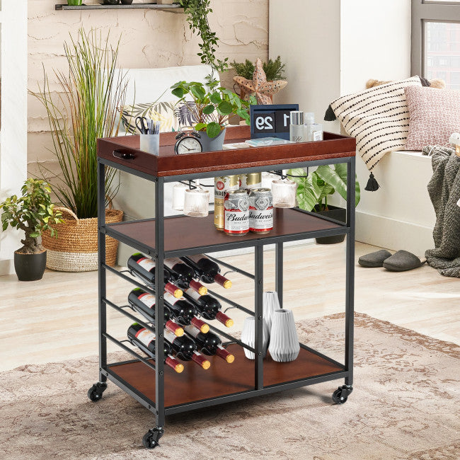 3 Tier Storage Bar Serving Cart with Wine Rack