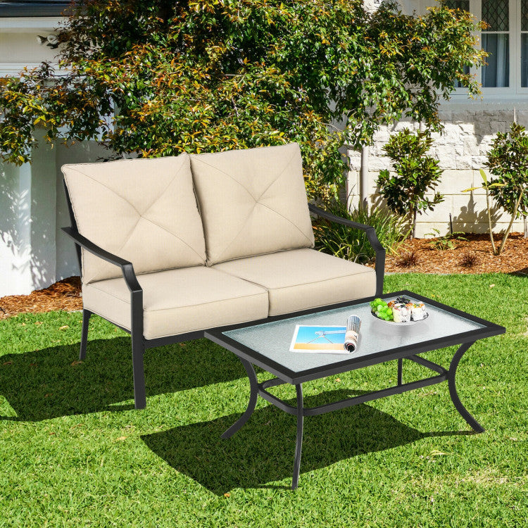 2-Piece Patio Cushioned Sofa with Coffee Table