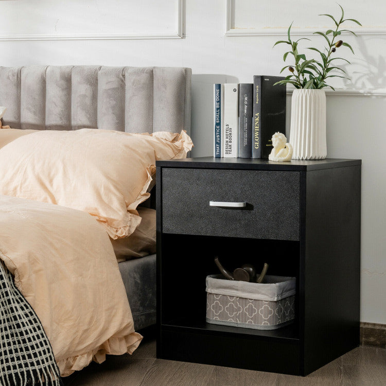 2-Tier Modern Wooden Nightstand with Storage Drawer and Open Cabinet