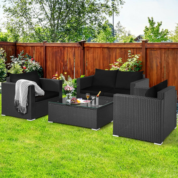 4-Piece Patio Rattan Conversation Set with Padded Cushion and Tempered Glass Coffee Table