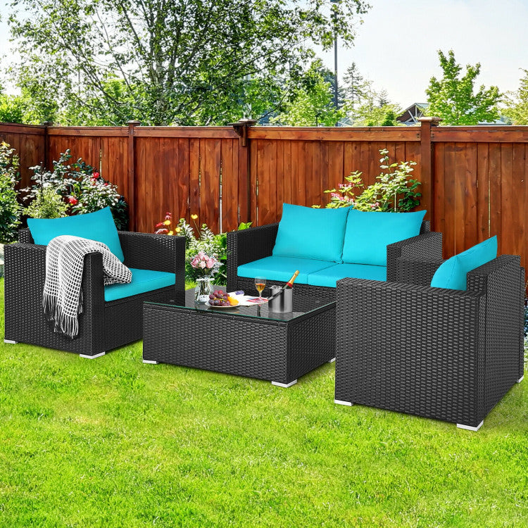 4-Piece Patio Rattan Conversation Set with Padded Cushion and Tempered Glass Coffee Table