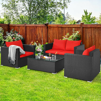 4-Piece Patio Rattan Conversation Set with Padded Cushion and Tempered Glass Coffee Table