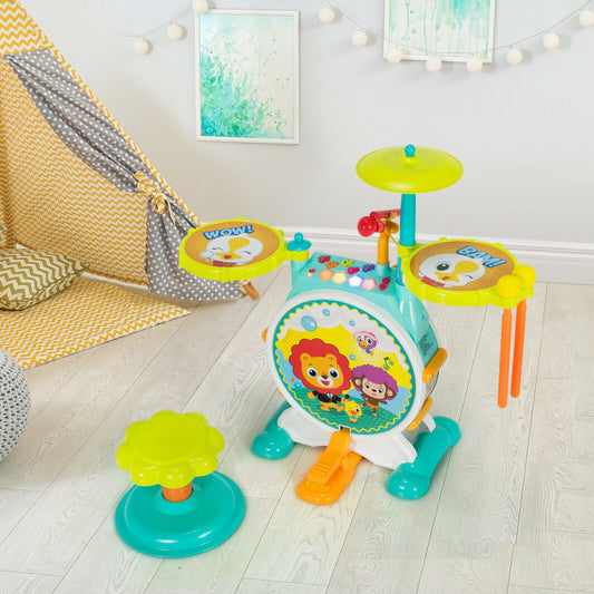 Costway 3 Pieces Electric Kids Drum Set with Microphone Stool Pedal