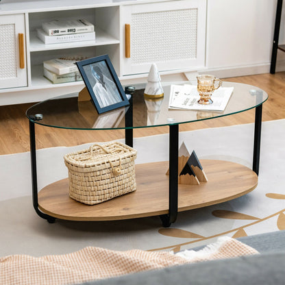 2-Tier Glass-Top Modern Coffee Table with Storage Shelf