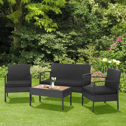 4-Piece Patio Rattan Furniture Set with Cushioned Chair and Wooden Tabletop