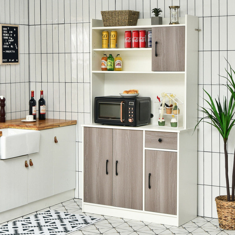 4-Door Freestanding Kitchen Buffet with Hutch and Adjustable Shelves
