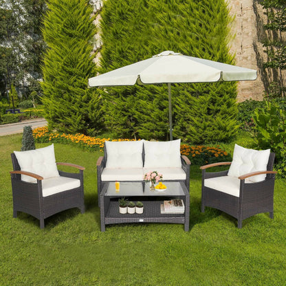 4-Piece Patio Rattan Furniture Set with Cushioned Sofa and Storage Table