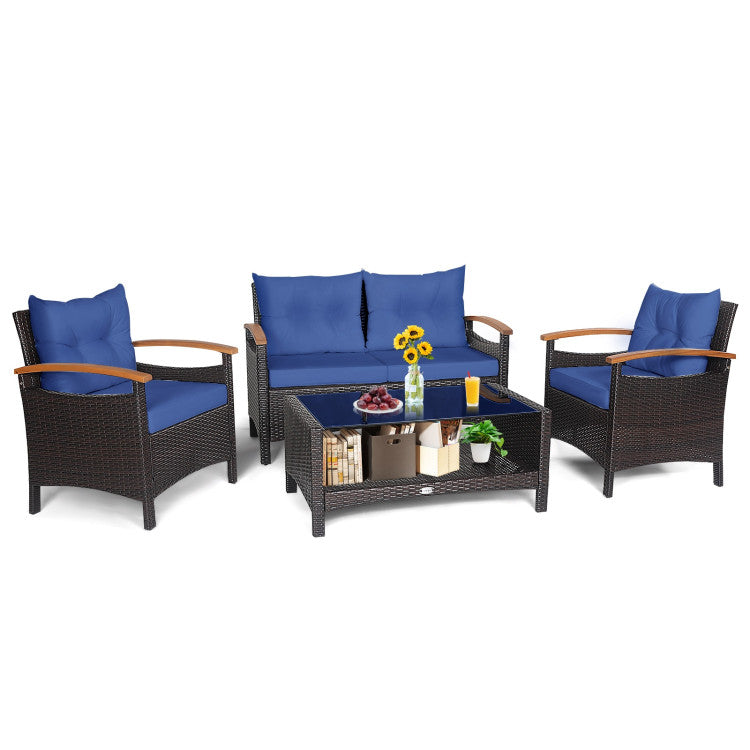 4-Piece Patio Rattan Furniture Set with Cushioned Sofa and Storage Table