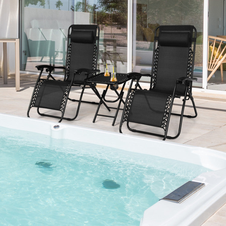 3-Piece Folding Portable Zero Gravity Reclining Lounge Chairs Table Set