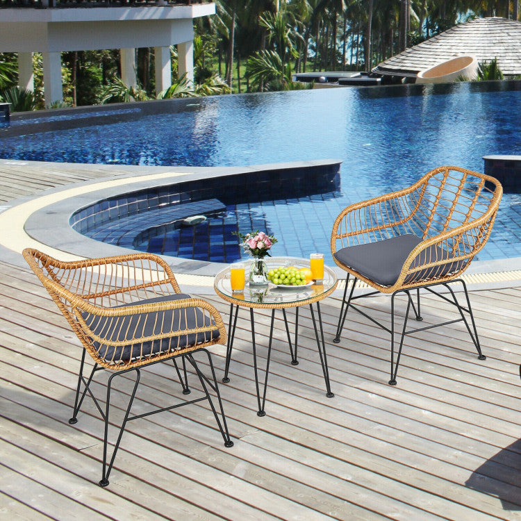 3-Piece Rattan Furniture Set with Cushioned Chair Table