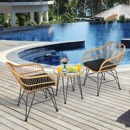 3-Piece Rattan Furniture Set with Cushioned Chair Table