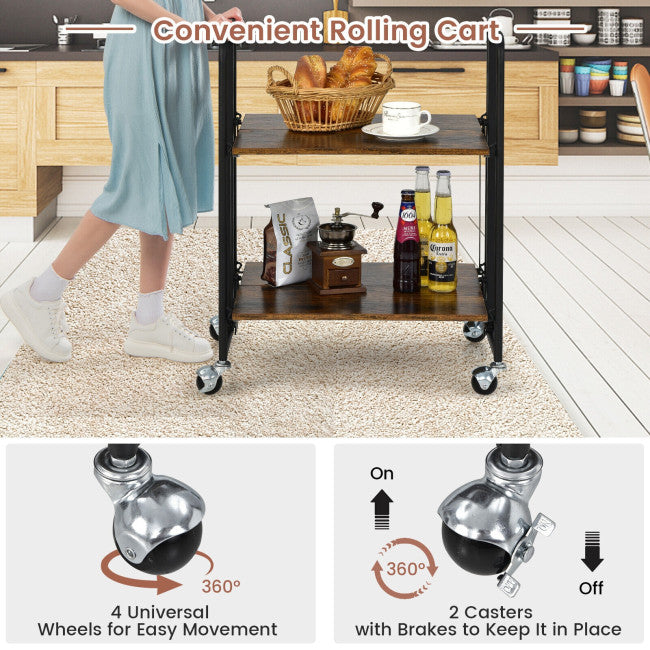2-Tier Folding Rolling Cart with Metal Frame