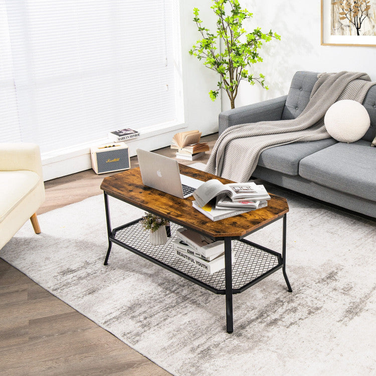 2-Tier Industrial Coffee Table with Open Mesh Storage Shelf for Living Room