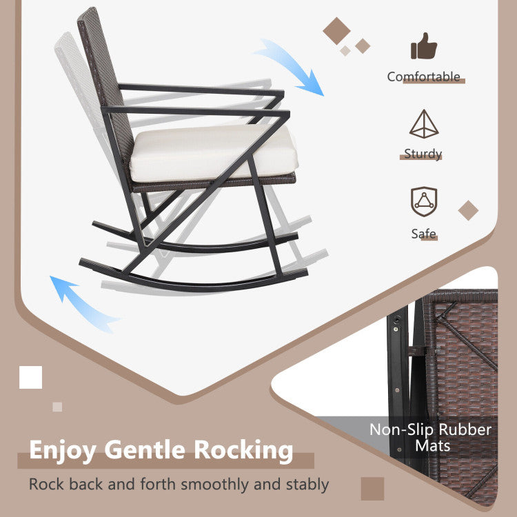 3 Piece Patio Wicker Rocking Chairs Set with Heavy-Duty Metal Frame