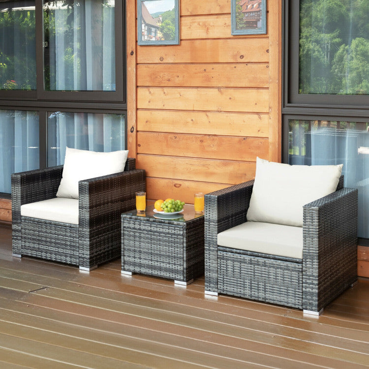 3-Piece Patio Rattan Furniture Bistro Sofa Set with Cushioned