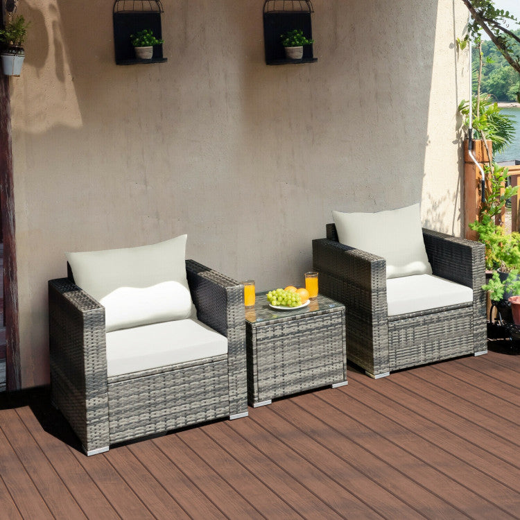 3-Piece Patio Rattan Furniture Bistro Sofa Set with Cushioned