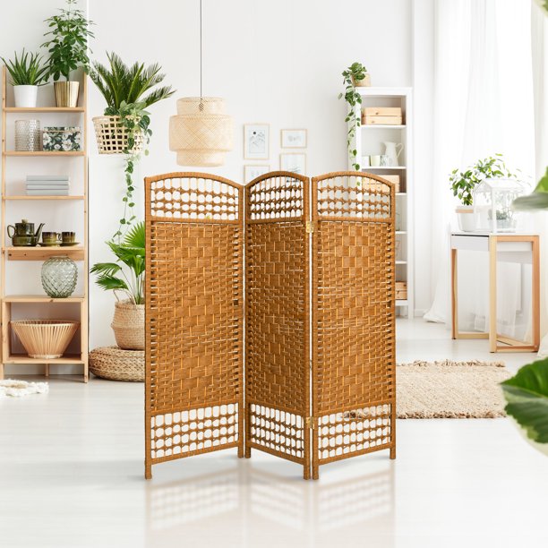 Oriental Furniture 4 ft. Tall Fiber Weave Room Divider - Light Beige - 3 Panel