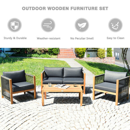 4-Piece Acacia Wood Sofa Set with Cushions for Outdoor Patio