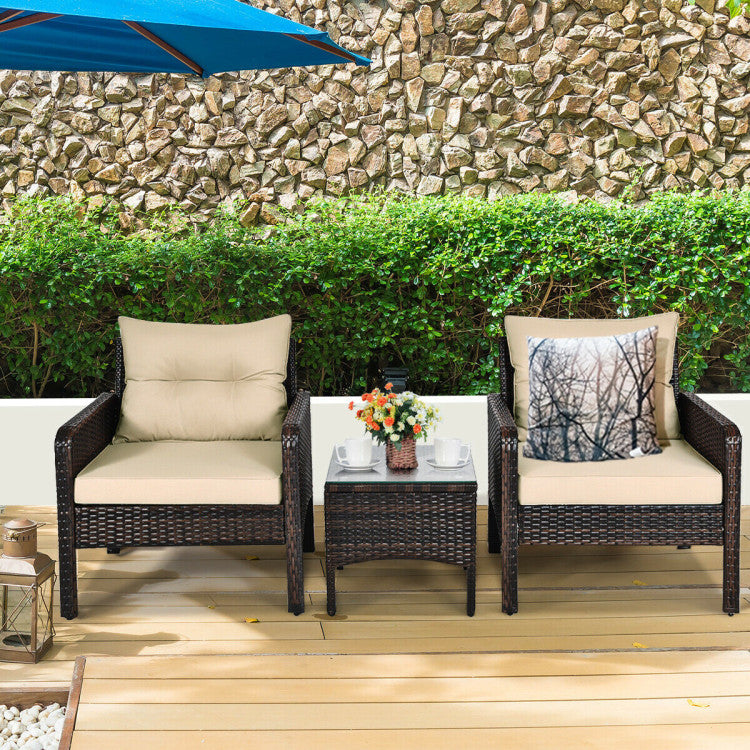 3-Piece Outdoor Patio Rattan Conversation Set with Seat Cushions