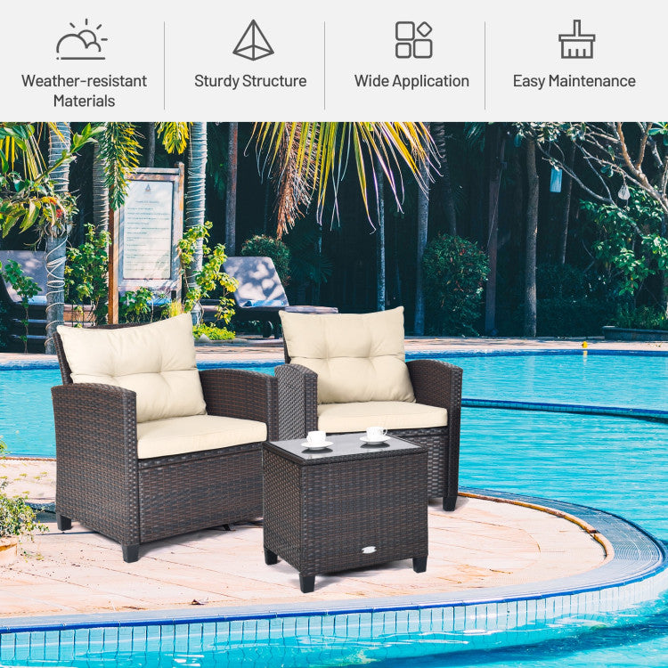 3-Piece Rattan Patio Furniture Set with Washable Cushion