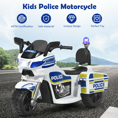 Costway 6V 3-Wheel Kids Police Ride On Motorcycle with Backrest