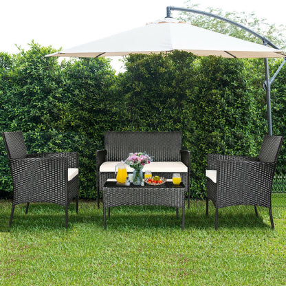 4-Piece Patio Rattan Cushioned Sofa Set with Tempered Glass Coffee Table