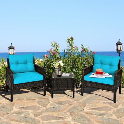 3-Piece Outdoor Patio Rattan Conversation Set with Seat Cushions