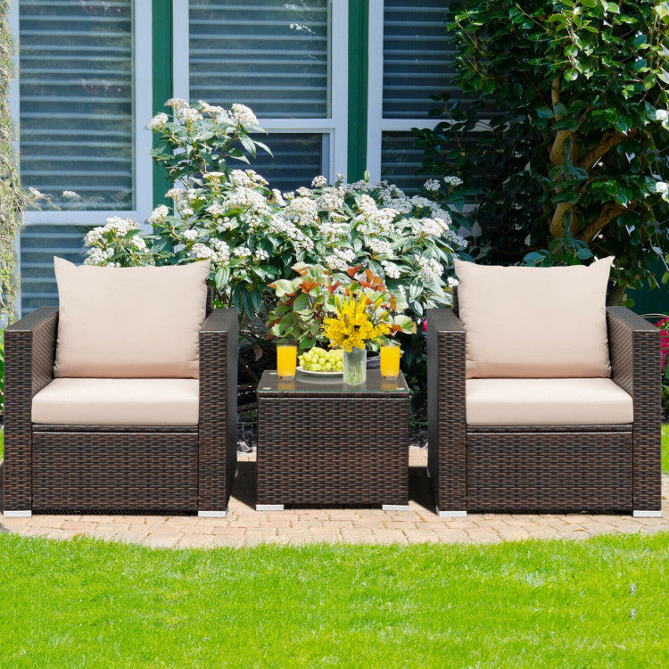 3-Piece Patio Conversation Rattan Furniture Set with Cushion