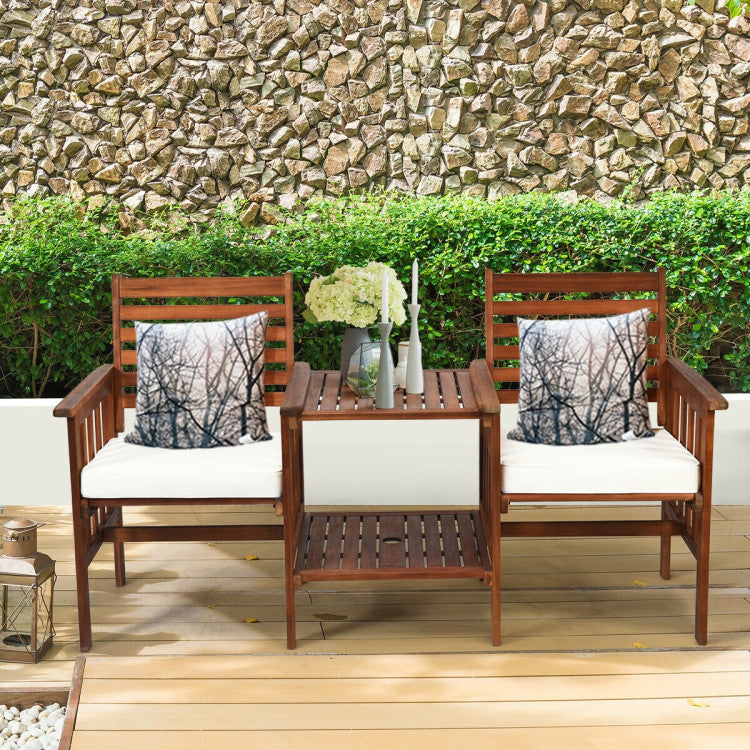 3-Piece Acacia Wood Outdoor Patio Table and Loveseat Set