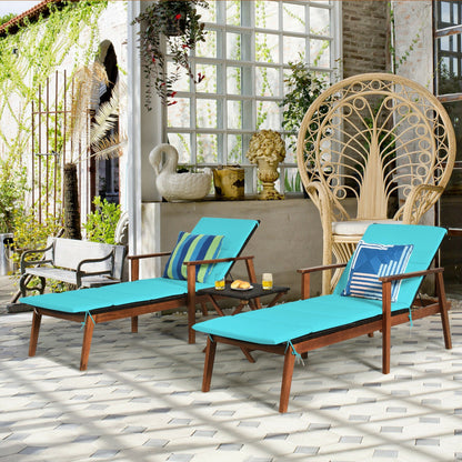 3-Piece Portable Patio Cushioned Rattan Lounge Chair Set with Folding Table