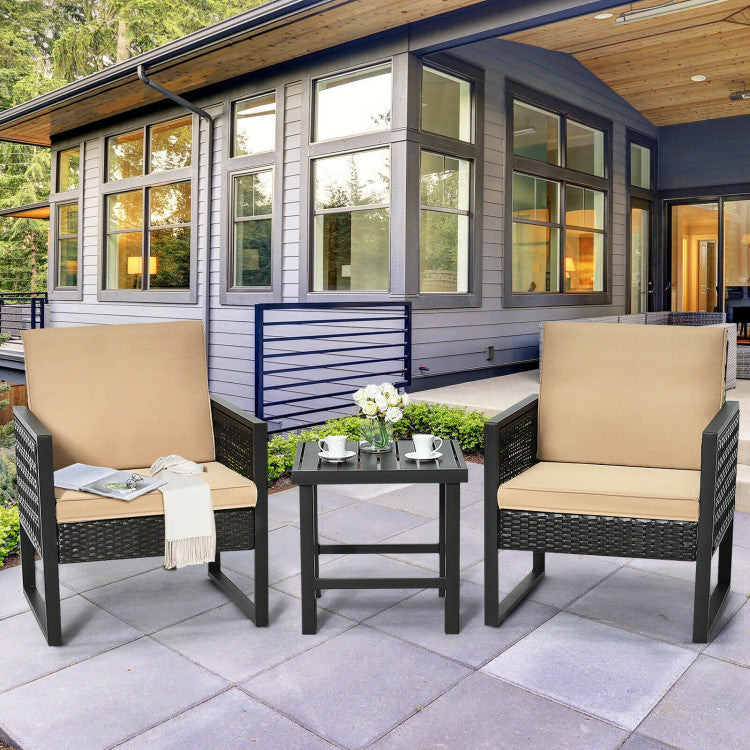 3-Piece Patio Rattan Bistro Cushioned Furniture Set